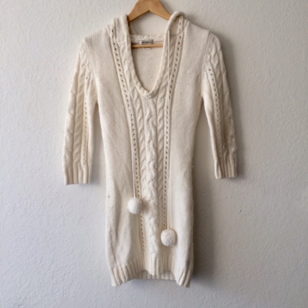 Arizona Knit Long Hooded Sweater With Pompoms
